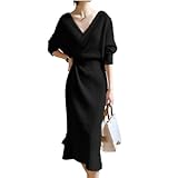 [Ｍｉｎｅｓａｍ] ロング丈 ニットワンピース vネック ロングワンピース 膝丈 きれいめ ドルマンスリーブ 30代 40代 50代 パーティー 発表会 (ブラック,Free)