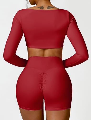 Image of ABOCIW Women Square Neck Long Sleeve Workout Crop Top Low Medium Impact Athletic Yoga Gym Shirts with Built in Bra(ONLY TOP)
