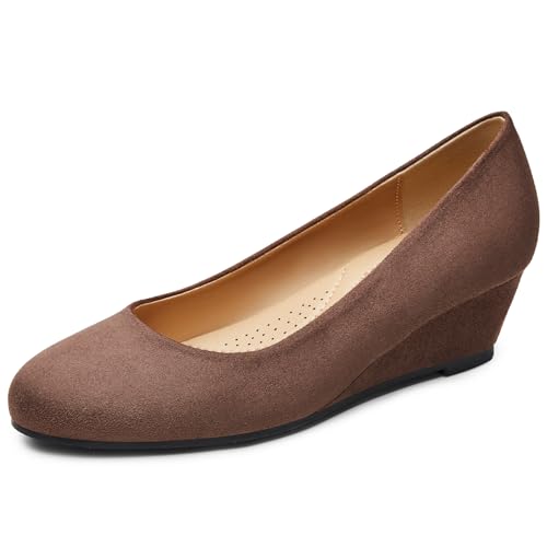 Image of Trary Women's Wedges Heels for Women Pumps Round Toe Mid Heels Comfortable Closed Toe Dressy Shoes Women Pumps Wedge Shoes for Wedding Work Office Party 1.8 Inches, Suede Coffee, 7