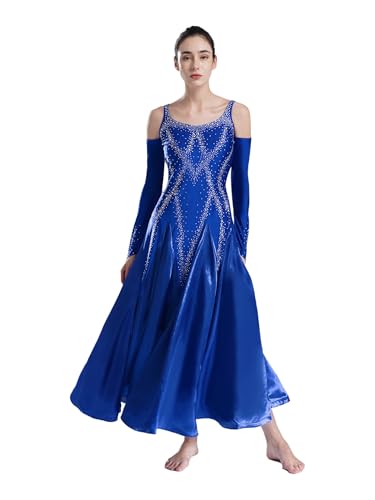 Kaerm Tanzkleid Contemporary Damen Modern Dance Kleid Strass Glitzer Lyrisches Kleid Ärmellos Gesellschaftstanzkleid Abschlussball Tanzkleidung Blau...