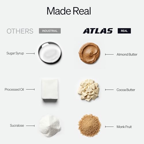 Image of Atlas Real Food High Protein Bars - 20g Protein, 1g Sugar, Clean Ingredients, High Fiber, Low Sugar Snack Bar, No Seed Oils, No Artificial Sweeteners (Dark Chocolate Almond, 12 Count)