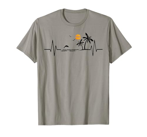 Heartbeat with Tropical Palm Trees Beach Island and Dolphin T-Shirt