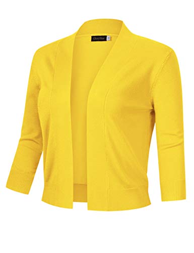 Image of GloryStar Women's 3 /4 Sleeve Open Front Cropped Cardigan Sweater Lightweight Knit Short Shrugs (XS, Yellow)