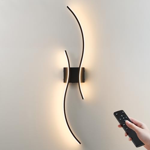 KARTOOSH Battery Operated Wall Sconces with Remote Control, Stepless Colors 3000K-6000K & Dimming, LED Black Wireless Wall Light for Living Room, Hallway, Bedroom, 39.3 Inch (1 Pack)