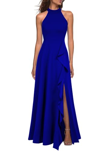 WOOSEA Women's High Neck Sexy Split Evening Cocktail Party Maxi Long Formal Dress Royal Blue