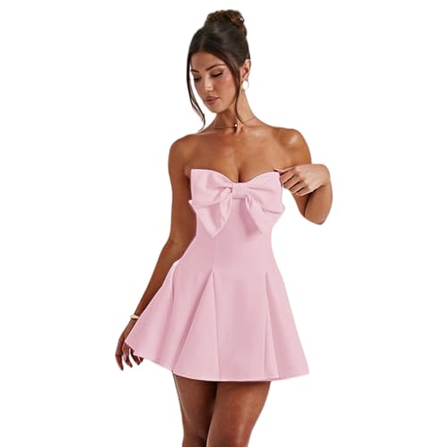 Image of JUMISEE Women's Elegant Bow Strapless Homecoming Dress A Line Swing Tube Mini Dress Short Evening Party Prom Dress
