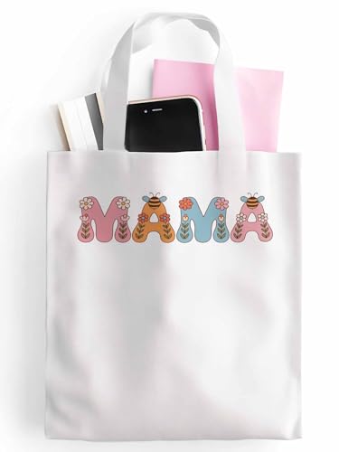 Canvas Tote Bag for Women,MAMA Flower BeeFloral Cartoon Style2