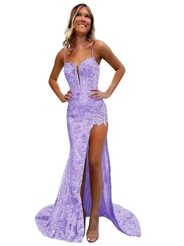 Lace Spaghetti Strap Prom Dresses with Train 2024 V Neck Mermaid Applique Formal Party Dresses Split DR0443