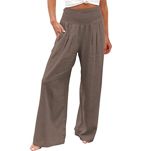 JiXiang Palazzo Pants for Women Plus Size Summer High Waisted Cotton Linen Pants Wide Leg Long Lounge Trousers with Pockets