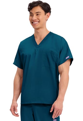 Image of Cherokee Scrubs for Women and Men Unisex V-Neck Tunic Nursing Scrub Top with Chest Pocket, Tuckable Durable Fabric - 4777 | 1 Chest Pocket For Essentials, Traditional Fit, Durable Construction, Comfortable Knit Details, Easy Care, Tuckable Style