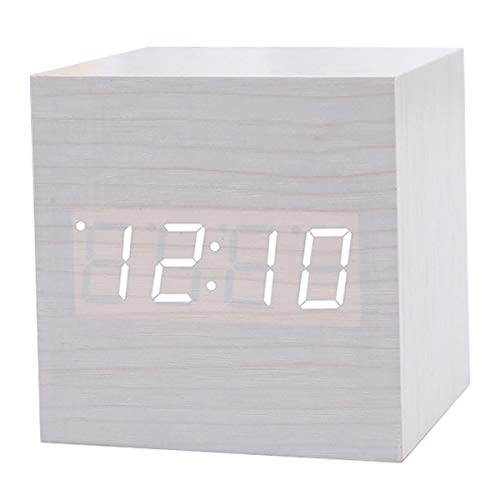 ZAZ 木目調 LED時計 3つのアラーム機能付き 置き時計 音声反応機能 日付・温度表示 省エネモード 日本語取扱説明書付き 〔ホワイト/LEDホワイト〕 tokei-a-014