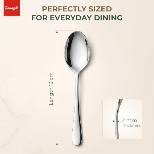 Image of Parage Tiara Stainless Steel Dinner Spoon Set of 6, Length 16cm Tableware with 2mm Thickness Spoons, Mirror Finish for Home Kitchen Dining