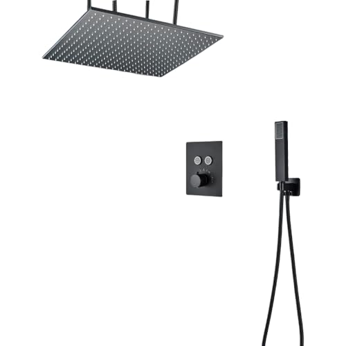 浴室用シャワーセット 大型ブラック サーモスタット式 浴室シャワー蛇口セット レインウォーターフォール バスタブシャワーシステム ミキサータップ 天井取り付け式ボタン式蛇口 3ウェイ 1、2ウェイ 20インチ