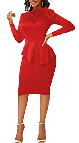 Image of Women's Fashion Peplum Bodycon Dresses Short Sleeve Bow Club Ruffle Pencil Party Dress