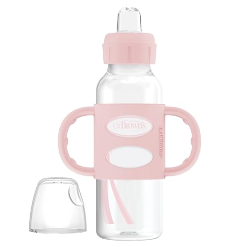 Image of Dr. Brown's Milestones Narrow Sippy Spout Bottle with 100% Silicone Handles, Easy-Grip Handles with Soft Sippy Spout, 8oz/250mL, Light-Pink, 1-Pack, 6m+