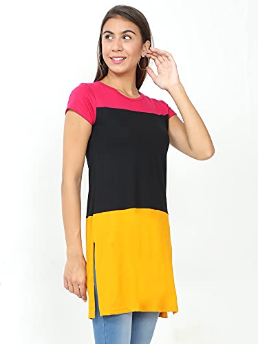 Image of FLEXIMAA Women's Cotton Round Neck Color Block Half Sleeve Long Top