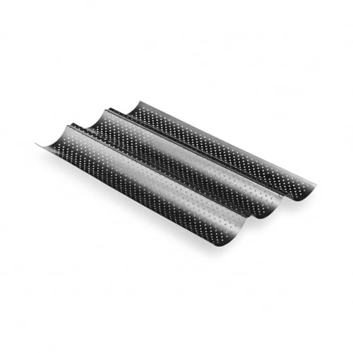 Meinposten. Baguetteform Blech für 3 Baguettes Antihaftbeschichtet Baguetteblech, Schwarz, 38 x 24 cm, Karbonstahl, Baguette, belegte Croques-Hälften, klassisch antihaft