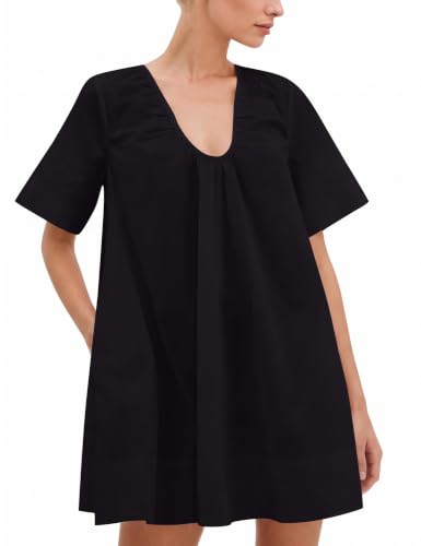 Image of Women Summer Sleeveless Babydoll Mini Dress Scoop Neck Loose Fit Tank Dresses Party Ruched Short Dress with Pockets