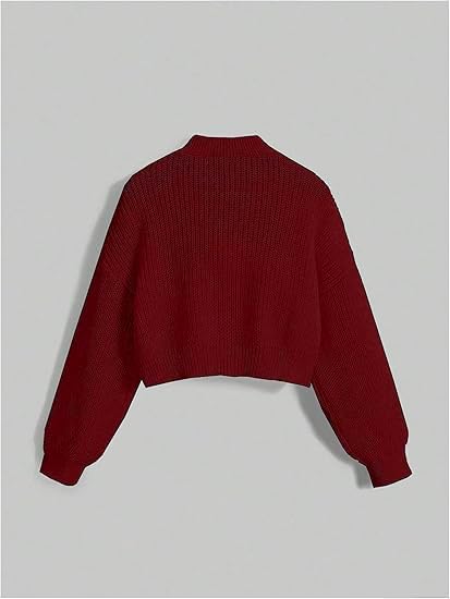 Womens Bow Cropped Cardigan Sweater Long Sleeve V Neck Button Down Chunky Knit Loose Crop Tops Burgundy - Image 2