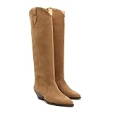 XBKXMK Suede Knee High Boots for Women Pointed Toe Cowboy Boots Chunky Low Heels Tall Long Boots Dressy Pull on Wide Calf Fashion Casual