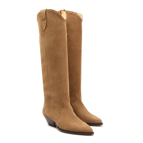 XBKXMK Suede Knee High Boots for Women Pointed Toe Cowboy Boots Chunky Low Heels Tall Long Boots Dressy Pull on Wide Calf Fashion Casual