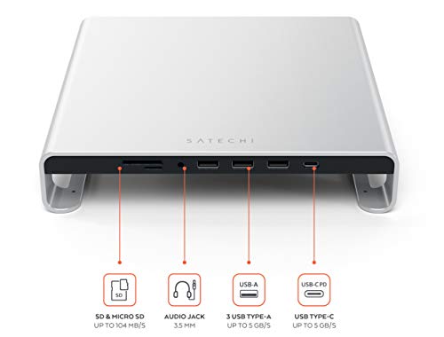SATECHI Stand in Alluminio Tipo C iMac con Porta trasferimento Dati USB-C, USB 3.0, Slot schede Micro/SD e Jack Audio Compatible con 2017 iMac PRO e 2019/2017 iMac (Argento)
