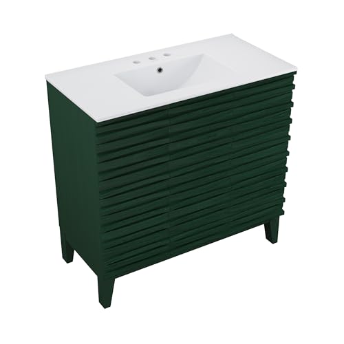 Image of Swiss Madison Cascade 36 inch Freestanding Bathroom Vanity in Green Oak with 3-Hole Widespread Sink Top