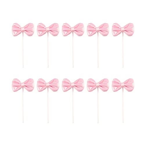 JANOU 10pcs Bow Cake Topper Bowknot Cupcake Toppers Cake Dessert Picks Decoration For Baby Shower Birthday Wedding Party Supplies (Pink)