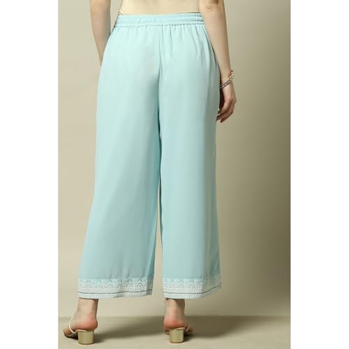 Image of Rangriti Blue Poly Georgette Solid Straight Fit Palazzo for Women