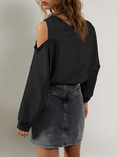Fisoew Womens Cold Shoulder Tops Casual Long Sleeve Crewneck Basic Loose Fall Fashion T Shirts2