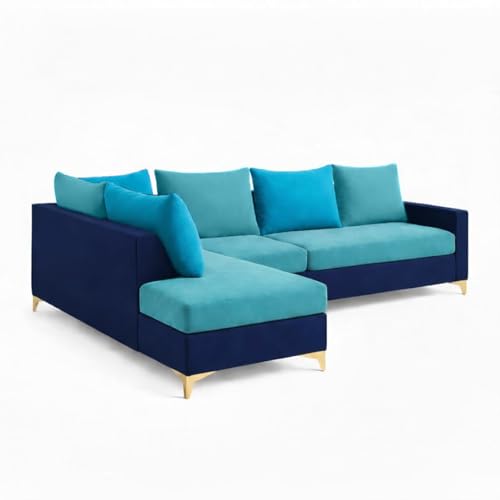 Image of FURNY Gloriss 6 Seater Fabric LHS L Shape Sofa Set with Multi-Color Aqua Blue Cushions (Sky Blue-Dark Blue) Premium Velvet Finish with Golden Legs | Ideal for Living Room, Offices
