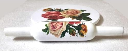 Image of Modern Floral Design Marble Chakla Wooden Belan | Printed 10 Inch Enamel Roti Maker with Belan | Heavy Duty Non-Slip Chakla for Roti, Chapati, Paratha |Kitchen Rolling Board (1 Set) (3.Rose Design)