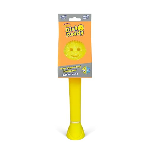 Scrub Daddy Dish Wand, Estropajo con Mango Dispensador de Jabón, Esponja con Textura Cambiante, Cepillo de Platos con Raspador Incorporado y Cabezal de Limpieza - En Amarillo