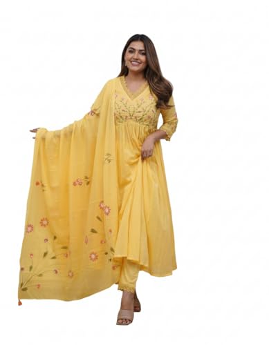 Image of Traditional Floral Embroidered Cotton Kurta Set with Dupatta