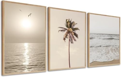 Quadro Decorativo Praia Coqueiro Mar Paisagem Passaro Sala Quarto Bege Clean Com Moldura Vidro (Madeira, 40x60)