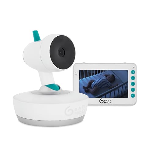 Babymoov Babyphone Caméra YOO Moov Motorisé, Caméra à 360°, Grand Ecran 4,3'' (11cm), Portée 300m, Mode VOX, 720p, Talkie-Walkie, Veilleuse Multicolore et Berceuses