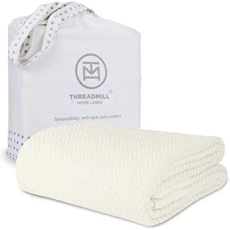 Threadmill Luxury Cotton Blankets for King Size Bed | All-Season Cozy 100% Cotton King Size Blanket | Herringbone Soft & Lightweight Fall Thermal Blanket fits California King Size Bed | Tusk White