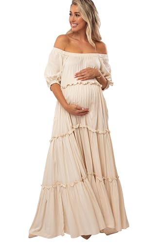 chinese dress ladies Pinkblush Mauve Off Shoulder Ruffle Tiered Maternity Maxi Dress Medium