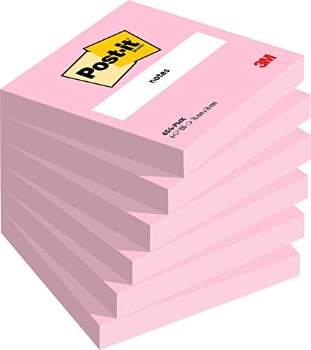 Notes Post-it, Rose, 76 mm x 76 mm, 100 feuilles/bloc, 6 blocs/paquet