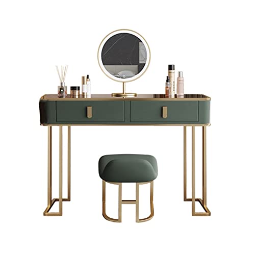 Moderno juego de tocador minimalista de madera con taburete y espejo LED, mesa de maquillaje con armario de almacenamiento para dormitorio, mesita de noche, luz verde, decoración del hogar