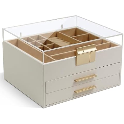 KAMIER Jewelry Box with Acrylic Lid, 3-Layer Jewelry Organizer, 2 Drawers, for Big and Small Jewelry, Earrings, Rings, Necklaces, Bracelets - Gift for Women and Girls, White Cover