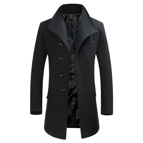 Men's Winter Slim Fit Business Top Coat Classic Woollen Single Breasted Overcoat Wide Lapel Trench Walker Coats