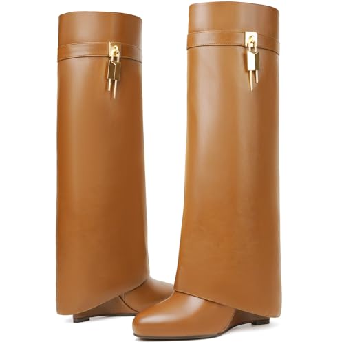 Image of Fold Over Boots for Women Pointy Pull-on Wedge Heel Knee Shark Boot With Side Zipper Padlock Design