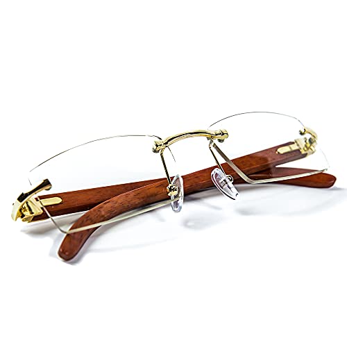 Vintage Small Retro Rimless Clear Lens Gold Frame Hip Hop Sunglasses Rectangle Men Women Frameless 90’s Shades Woodgrain Arm Sun Glasses Fashion Frameless Square Clear Tinted Glasses - Main Image