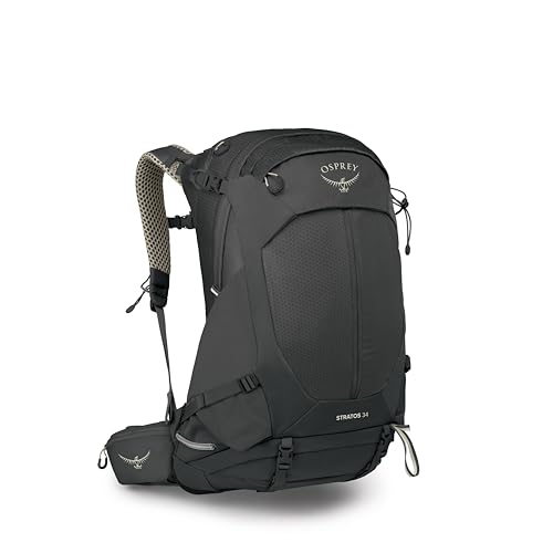 Image of Osprey Stratos 34L Men's Hiking Backpack - Camping Bag with Waterproof Raincover, Bottle Pockets, & Gear Straps, Raven Black