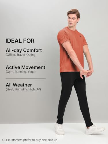 Image of TECHNOSPORT Men's Solid Slim Fit Round Neck T-Shirt TECHNOCOOL+ Half Sleeve Slip On Polyester for Gym Running Workout UPF50+ Anti Odour
