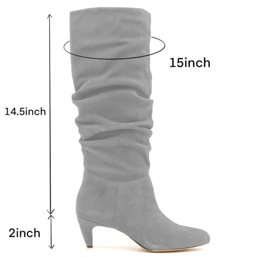 LEHOOR Women Low Kitten Heel Knee High Boots Pointed Toe Suede Slouch Dress Boots Pull On Short Heel Wide Calf 4-11 M US2