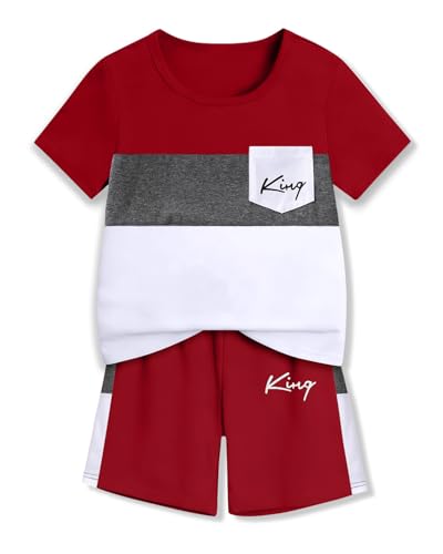 Image of Size 6-12 Years Boys Summer Outfits Set Kids Short Sleeve Top T-Shirt & Shorts Color Block Clothing Sets