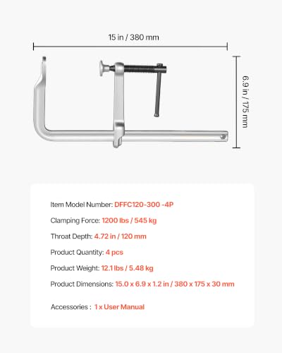 Image of VEVOR Bar Clamps for Woodworking, 4-Pack, 12 inch Opening, 4.72 in Throat Depth, 1200 lbs Load Limit, Sturdy Steel Forging and Casting, with Swivel Jaw and T-Handle, for Wood Working and Metal Working