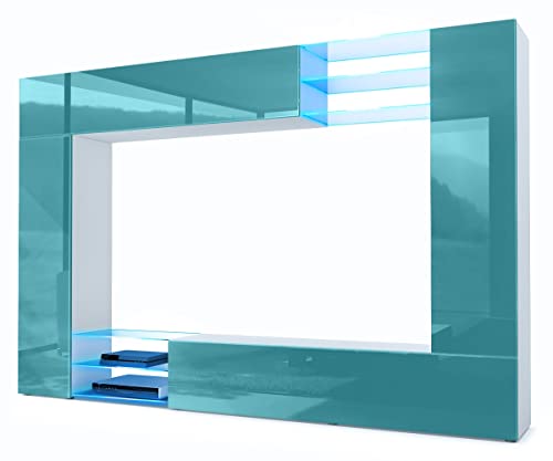 Vladon Mueble de salón Mirage, 2 Puertas, 2 Puertas abatibles y 6 Estantes de Cristal Abiertos, Blanco Mate/Petróleo de Alto Brillo incluida iluminación LED (262 x 183 x 39 cm)